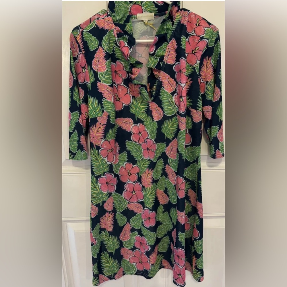 Simply Southern Navy Dress with Pink Floral & Green Leaves - Asymmetrical